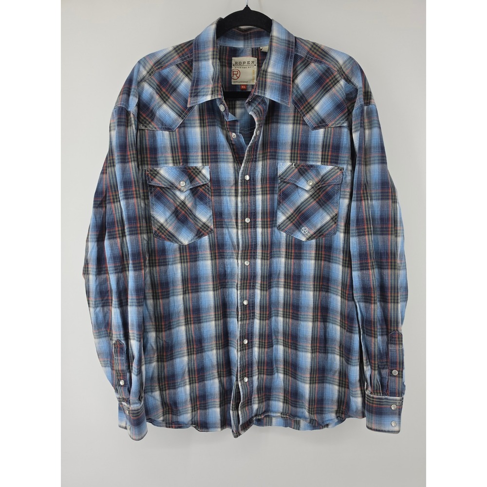 Roper Wear the West Mens XL Blue Plaid Pearl Snap Long Sleeve Western Shirt